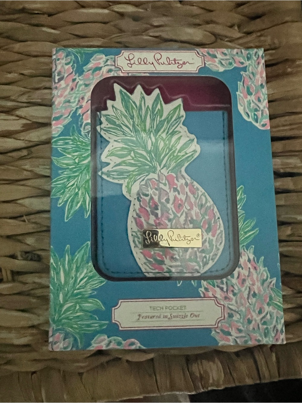 Lilly Pulitzer Turquoise Phone Pocket with Pineapple Patch Accent